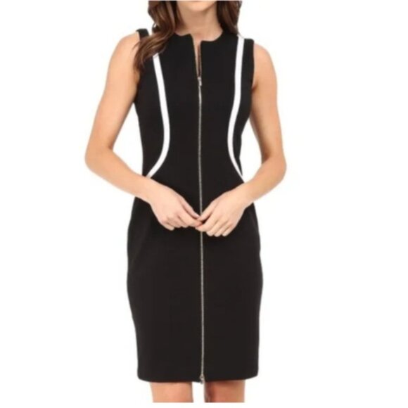 Calvin Klein Sheath Dress 14 Black White Piping Front Zip Sleeveless Career - Picture 1 of 15